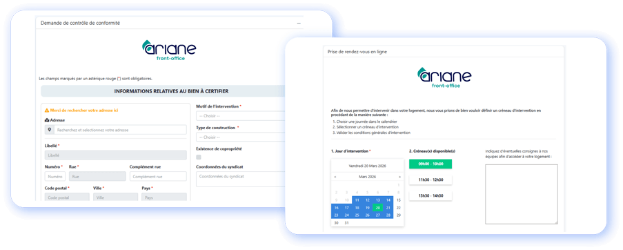 Interface du front-office du logiciel de gestion de l'assainissement Ariane - Eau & Assainissement